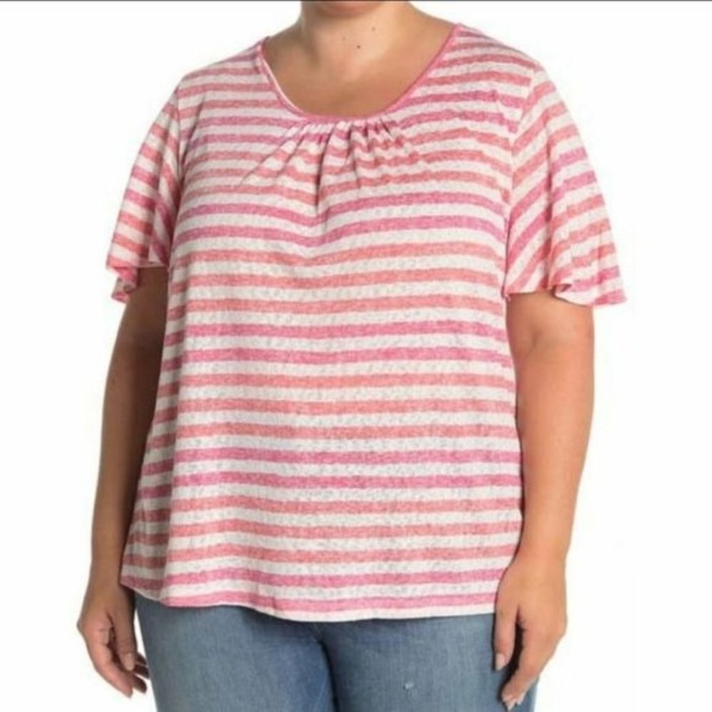 Bobeau Short Flutter Sleeve Stripe Print Top - Size 2X
